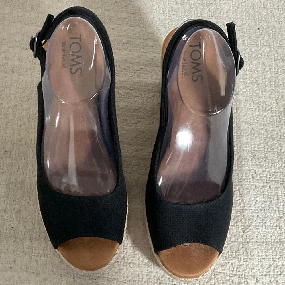 TOMS Black Canvas Peep Toe Espadrille Wedge Slingback Sandals 10022387 Womens 8 - Picture 11 of 14